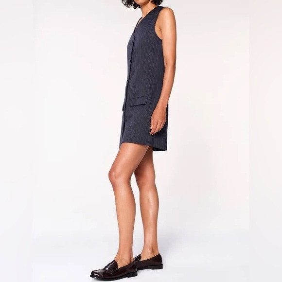 DL1961 Blue V Neck Button Down Pinstripe Sleeveless Vest Mini Dress (Small) - Picture 2 of 7
